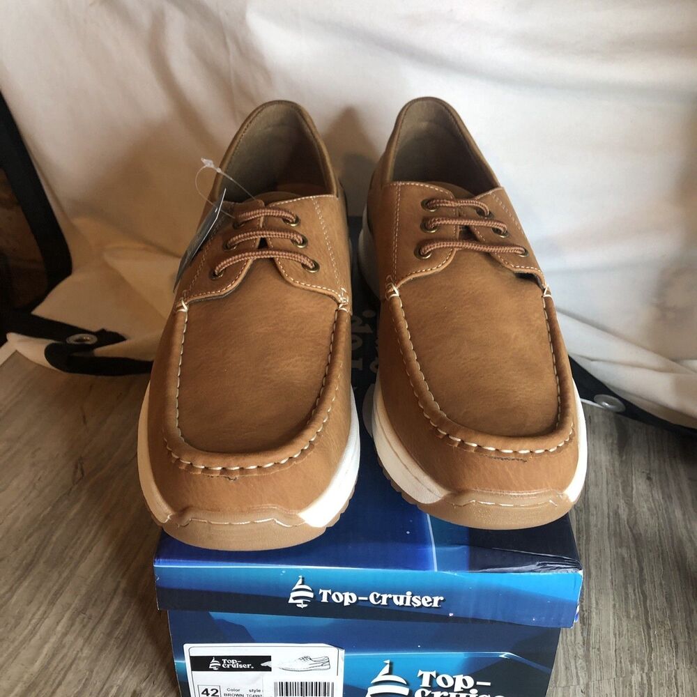 Loafers Mens Boat Shoes, 3-Eyelet, Cushioned Insole, Faux Leather Brown Sz 9